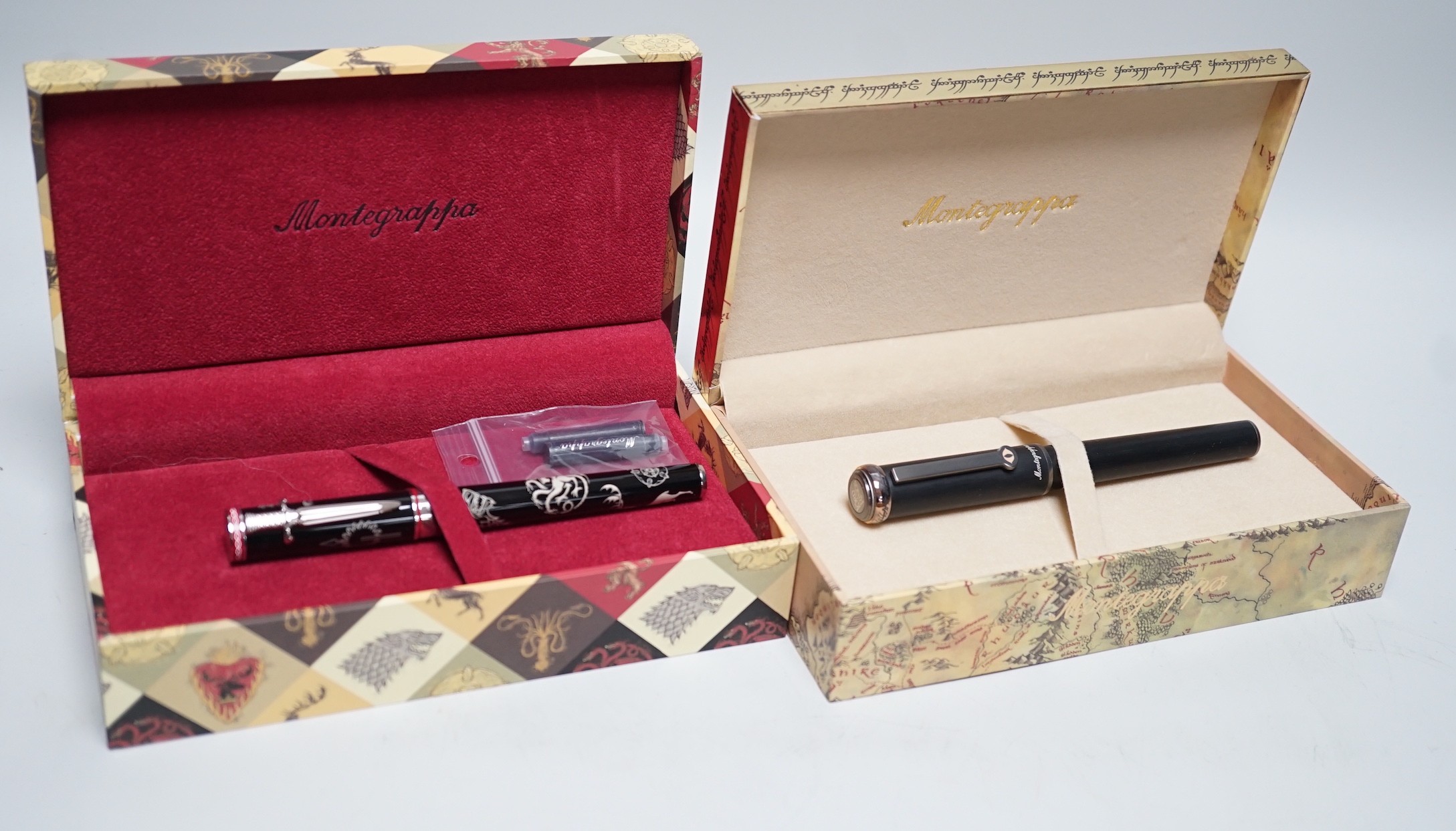 Two Montegrappa fountain pens, Game of Thrones, Westeros and Lord of the Rings, Eye of Sauron, cased